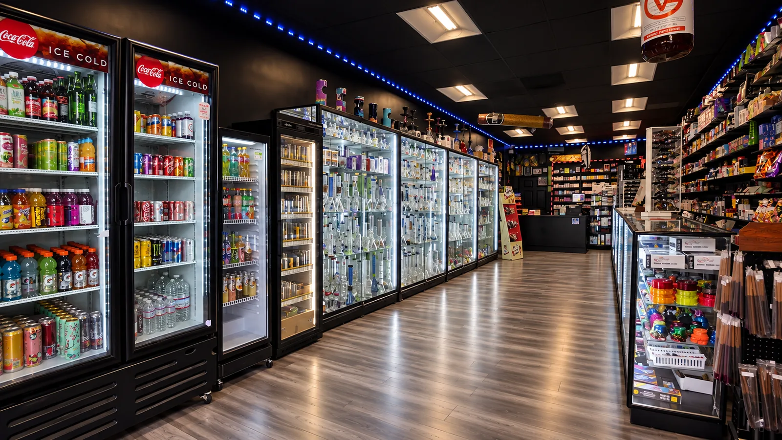 Inside: cold drink fridges and glass cases down the main aisle