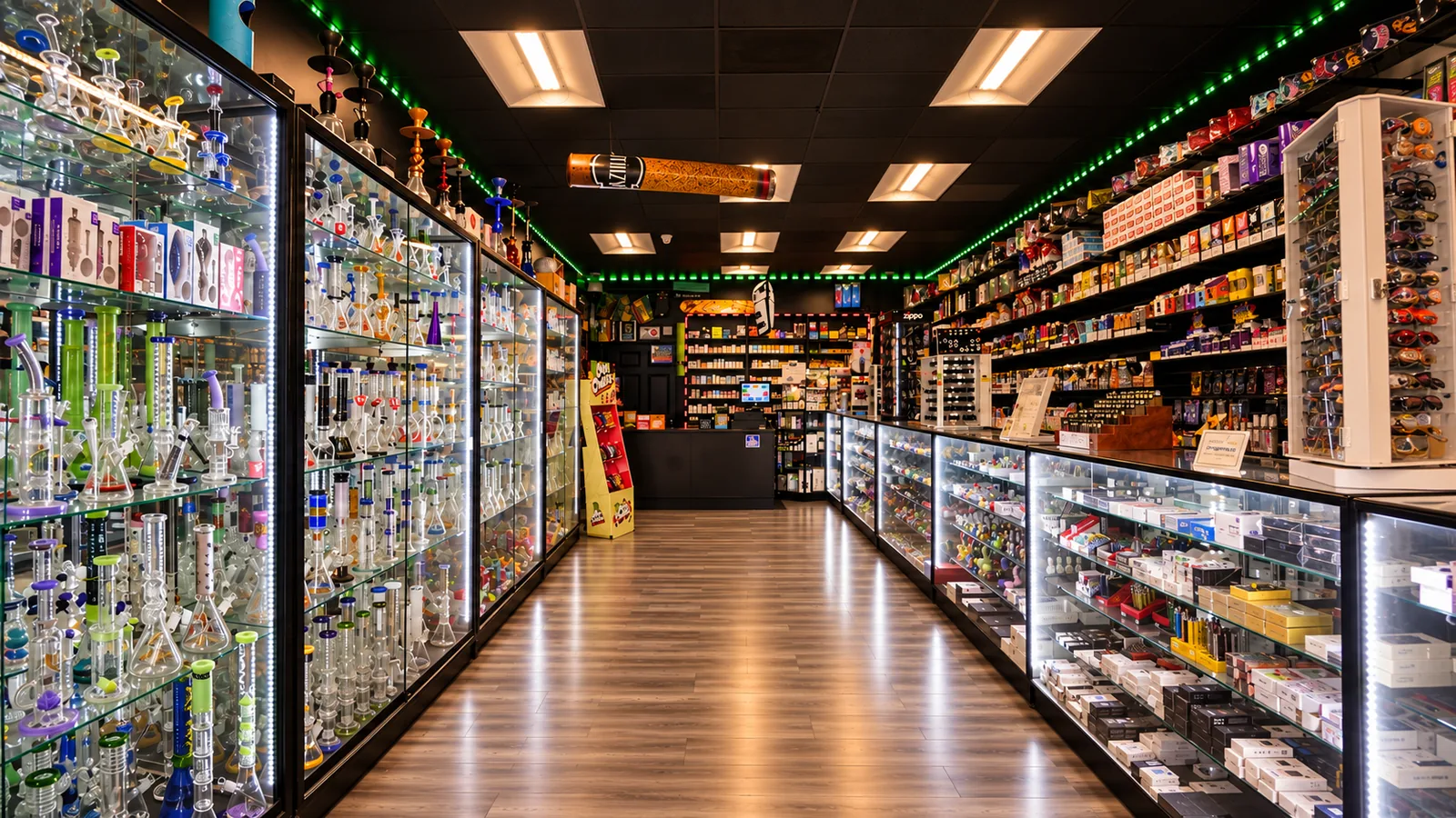 The glass aisle, with water pipes on the left and display cases on the right