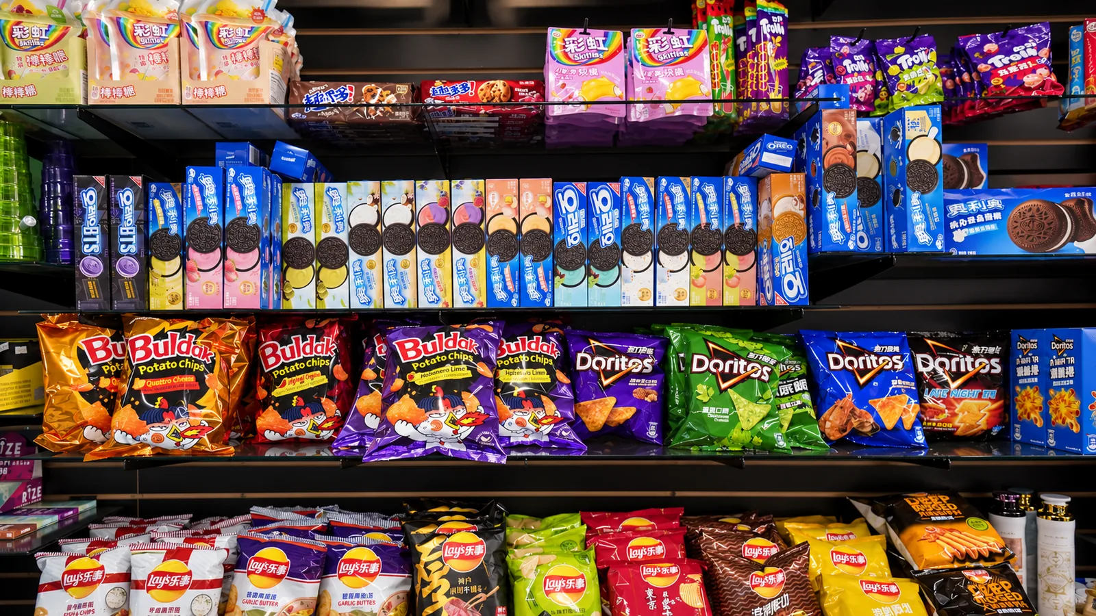 The exotic snack wall: imported chips, cookies and candy